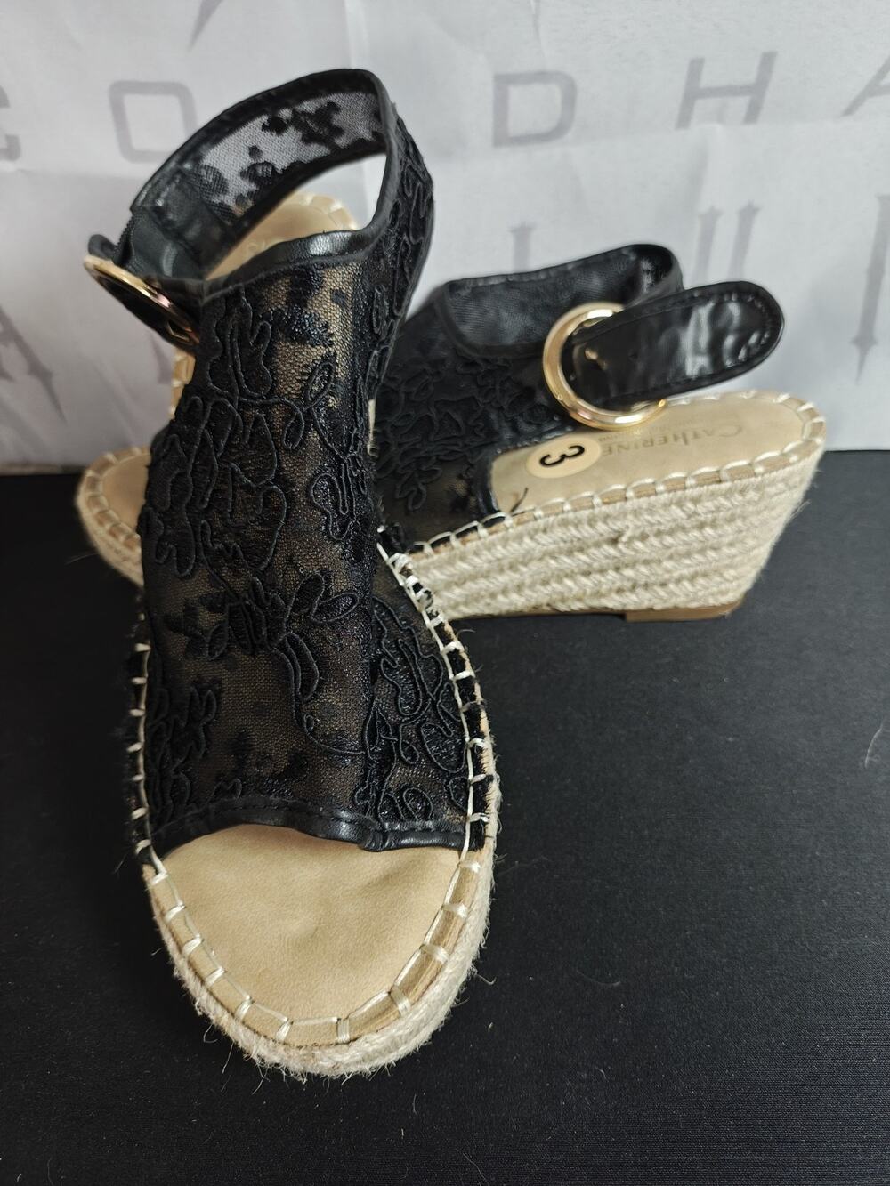 CATHERINE Catherine Malandrino Women's 10 Latio Mesh Lace Wedge Sandal In Black